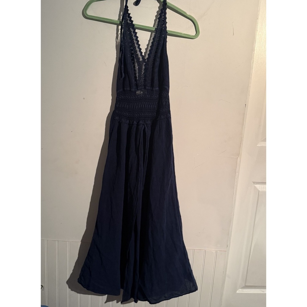 Seaspice Resort Wear Blue High Split Crochet Halter Dress Small Boho